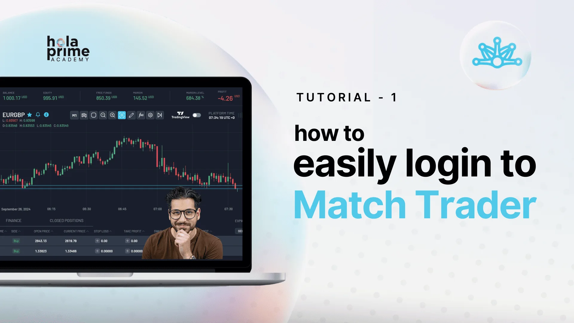Man on screen of laptop showing TradingView chart; tutorial on how to easily login to Match-Trader trading platform.