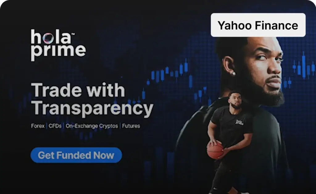 Hola Prime prop trading firm ad with athlete, forex, CFDs, crypto, futures trading, funded trader program, and “Get Funded Now” call-to-action.