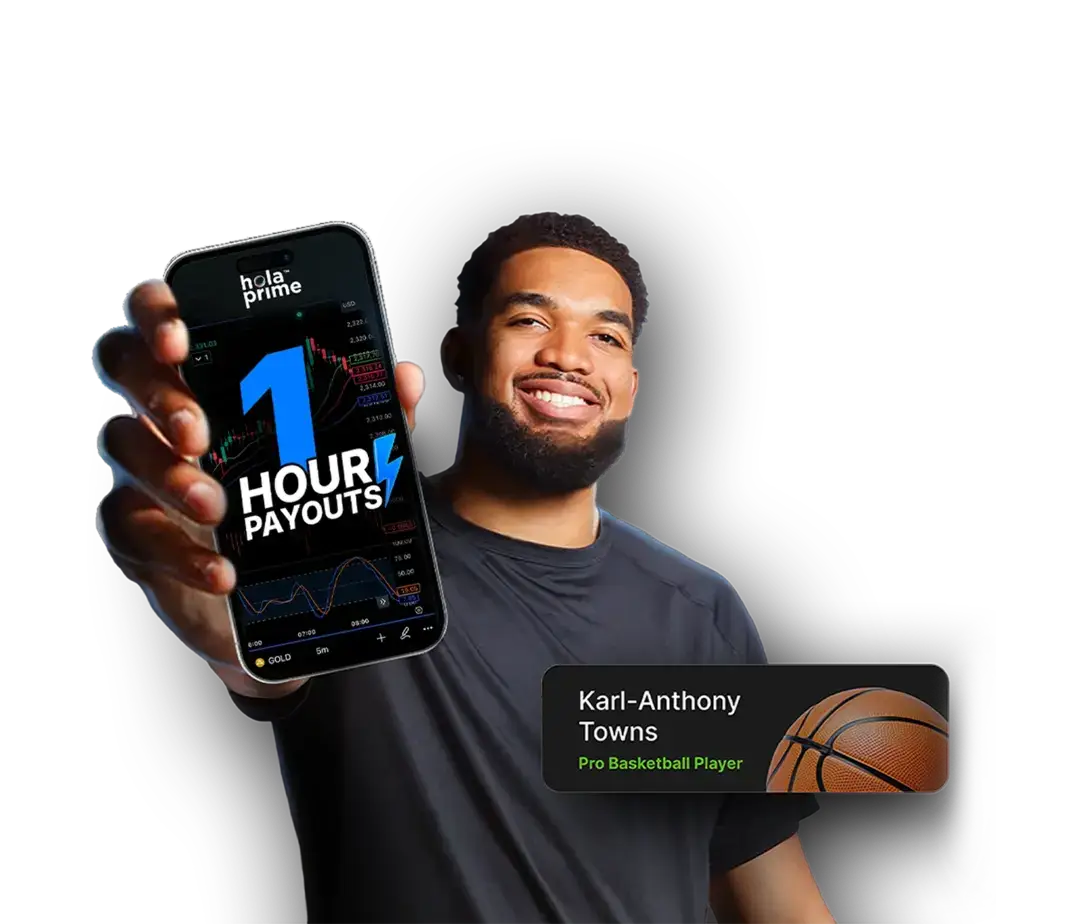 Karl-Anthony Towns holds phone showing Hola Prime trading app with 1-hour payouts for funded traders and prop trading firm payouts.
