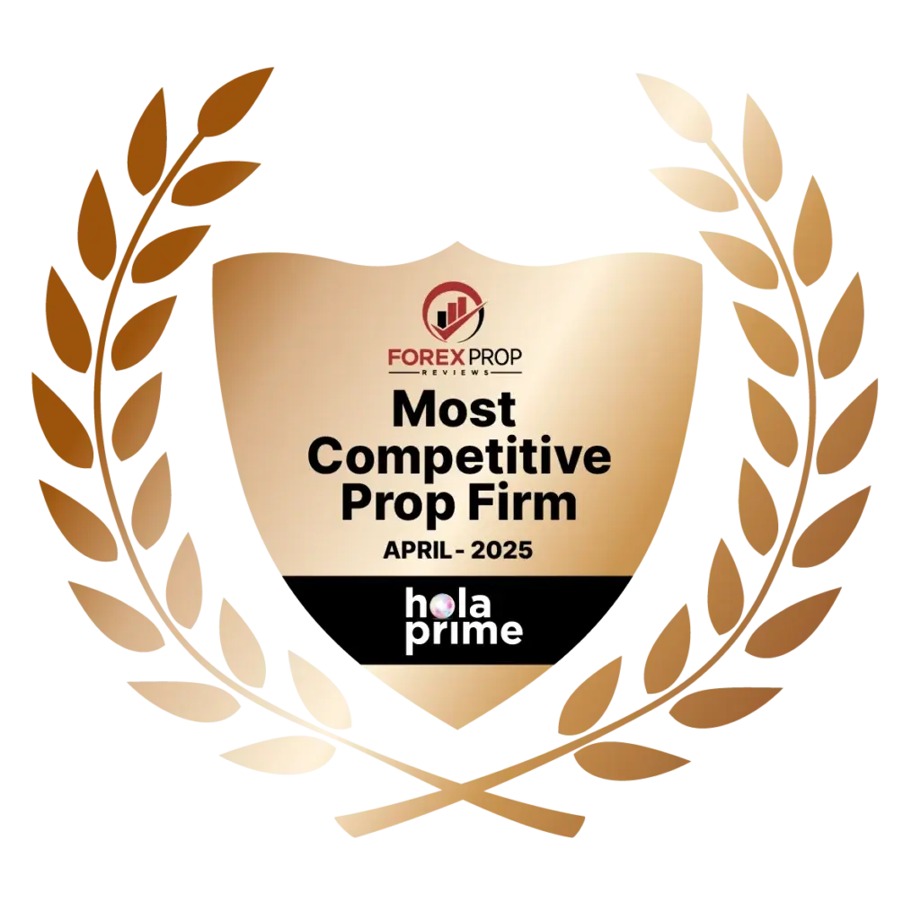 Elegant prop trading award with bronze-tinted laurels, acknowledging Hola Prime as the 'Most Competitive Prop Firm' in April 2025, issued by Forex Prop Reviews.