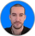 Day trader wearing earphones, smiling with blue background