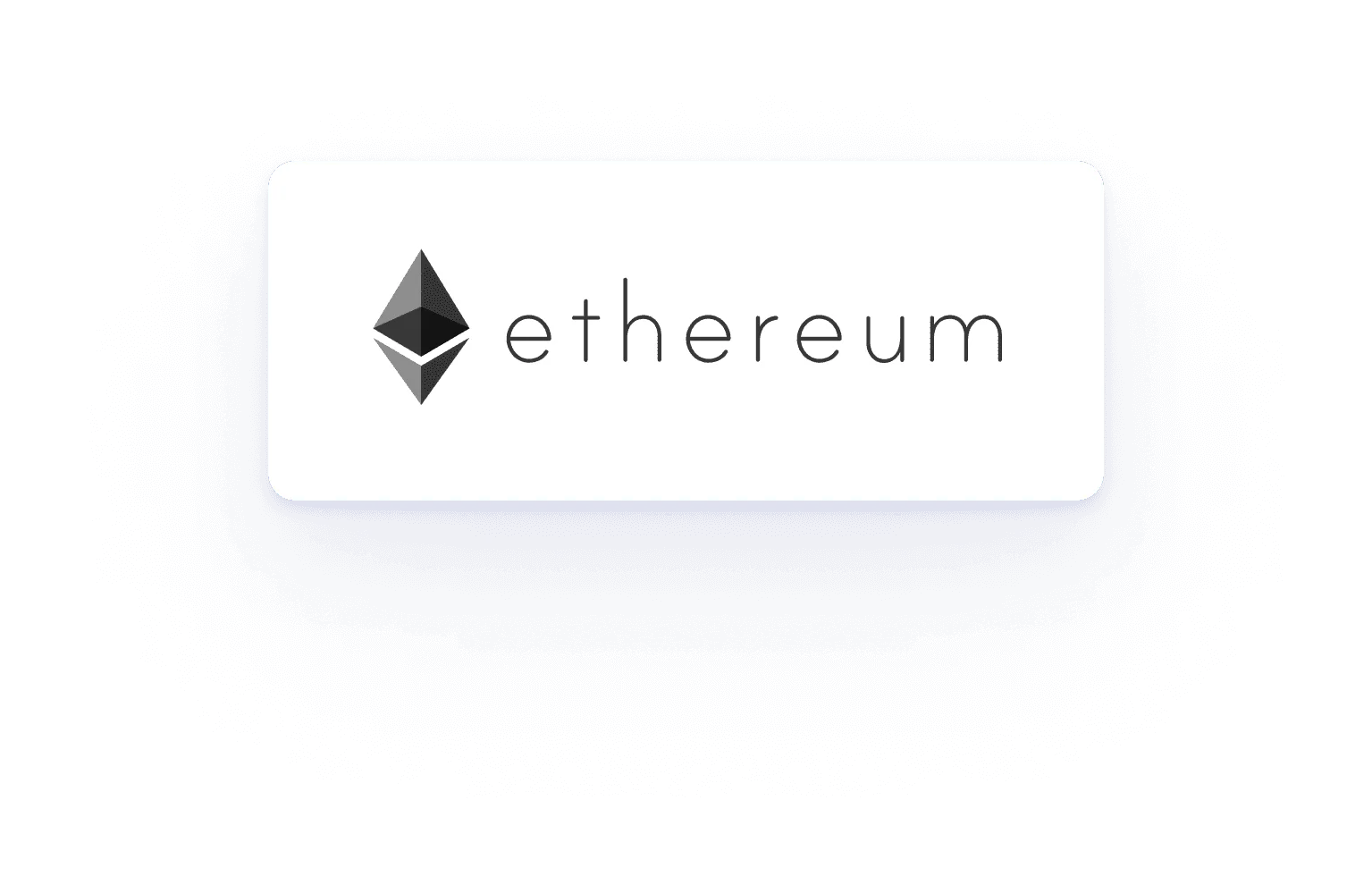 Ethereum logo in dark grey with stylized text on a glowing white card over a dark blue background.