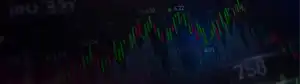 Trading chart with green/red candlesticks, price points, arrows showing gains/losses, and a blue line graph on a dark grid background.