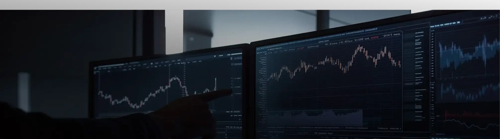 Day trader points at candlestick chart on trading platform; futures trading, volume profile, and scalping strategy shown on dual screens.