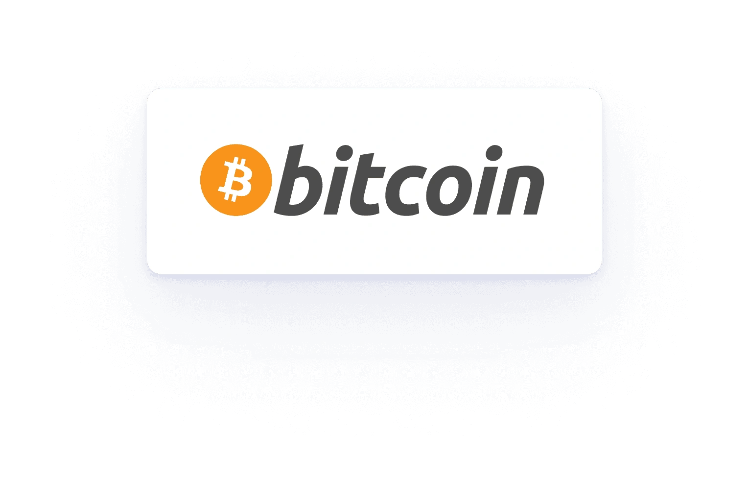 Bitcoin symbol with orange logo and stylized text on a glowing white card over a dark blue background.