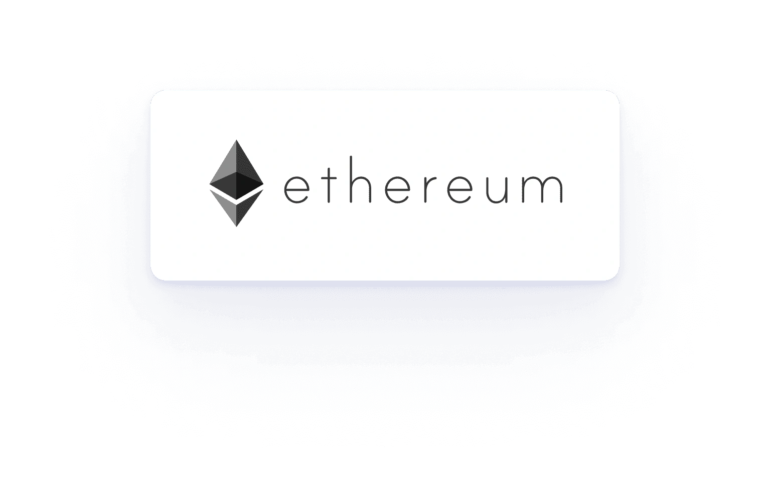 Ethereum logo in dark grey with stylized text on a glowing white card over a dark blue background.