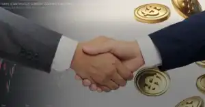 Two businessmen shaking hands in front of a financial chart, with golden dollar coins floating in the background