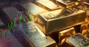 Stacked gold bars with a stock chart overlay, showing upward green and red price trends, symbolizing gold market performance.