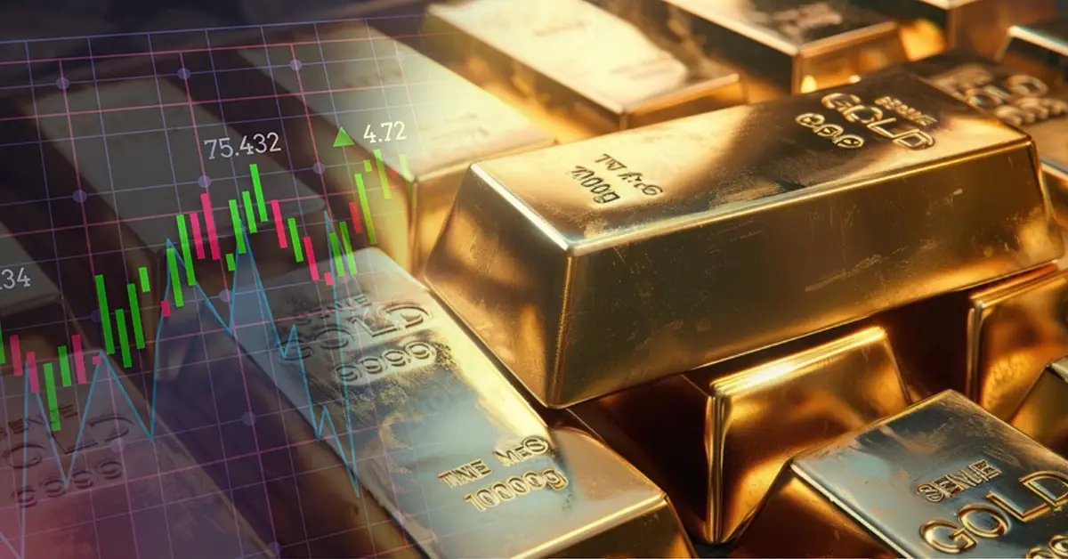 Stacked gold bars with a stock chart overlay, showing upward green and red price trends, symbolizing gold market performance.