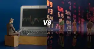 Miniature figures depict traditional trading with a laptop on one side and prop trading with stock tickers on the other, separated by
