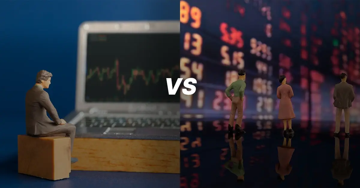 Miniature figures depict traditional trading with a laptop on one side and prop trading with stock tickers on the other, separated by
