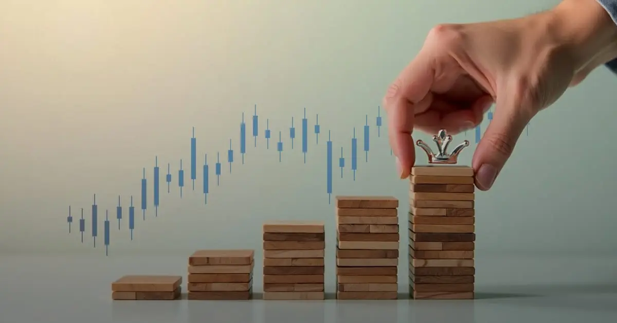 Hand places a chess king on stacked blocks with a rising stock chart, symbolizing success and growth.