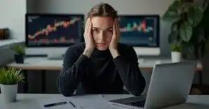Stressed woman sits at desk with stock charts on screens, papers, and a laptop, showing trading frustration.