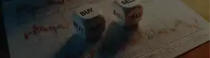 Buy and sell dice on a candlestick stock chart.
