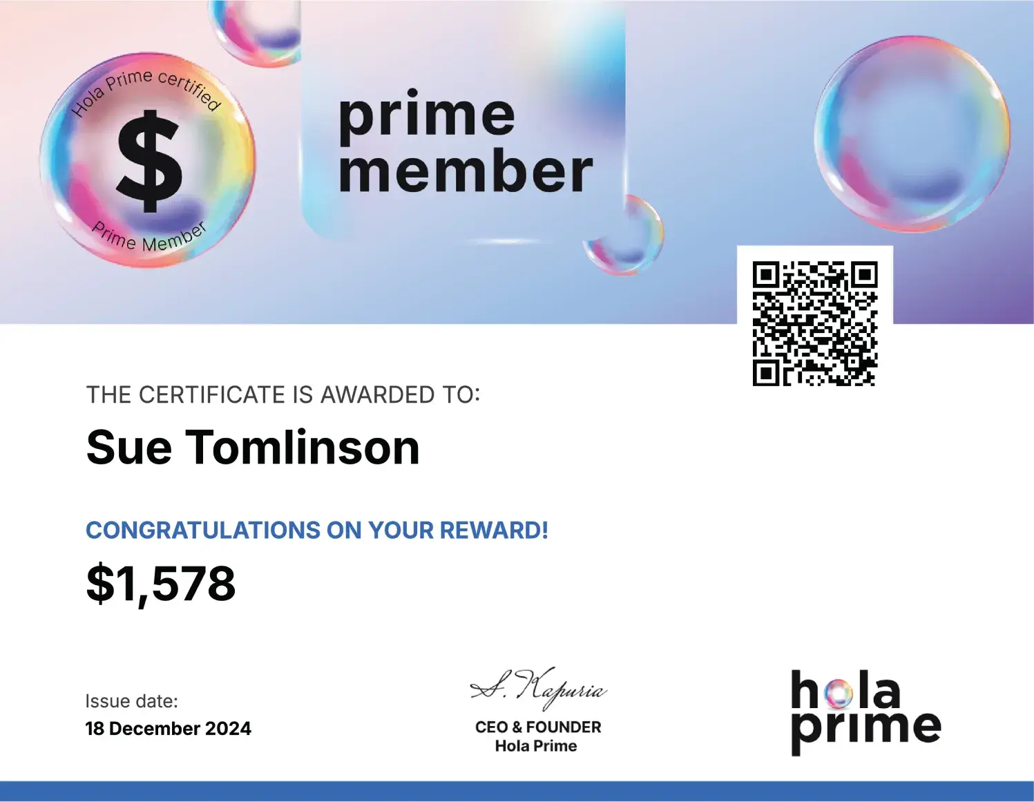Hola Prime Payout Reward Certificate for Sue Tomlinson