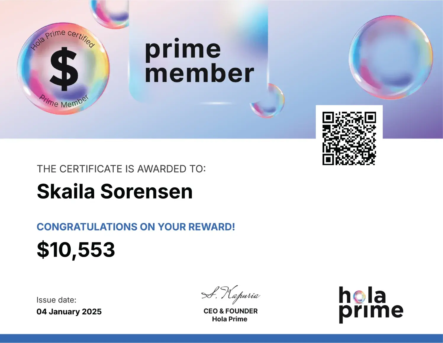 Hola Prime Payout Reward Certificate for Skaila Sorensen