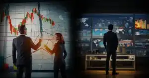 Two professionals analyzing stock charts on a large screen; another person observes global data on multiple monitors in a dark room