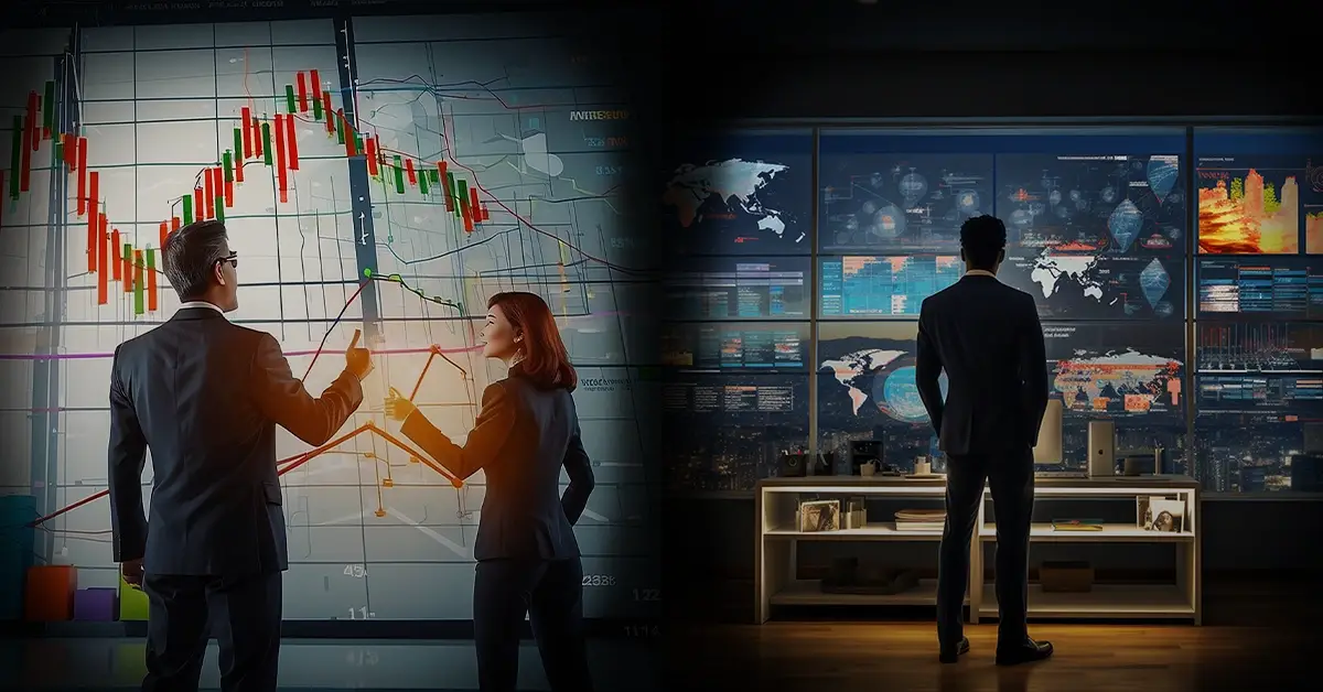 Two professionals analyzing stock charts on a large screen; another person observes global data on multiple monitors in a dark room