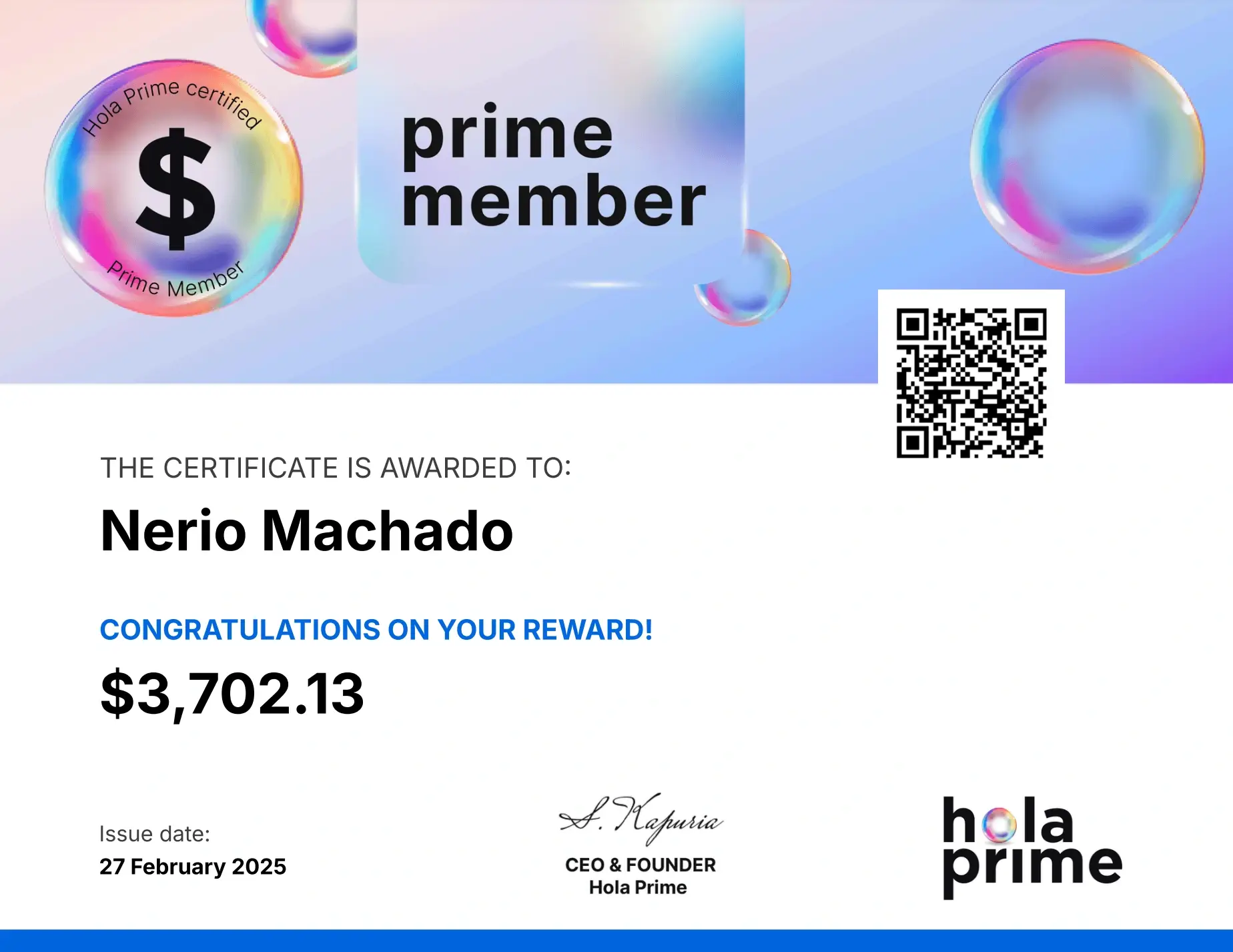 Hola Prime Payout Certificate for Nerio Machado