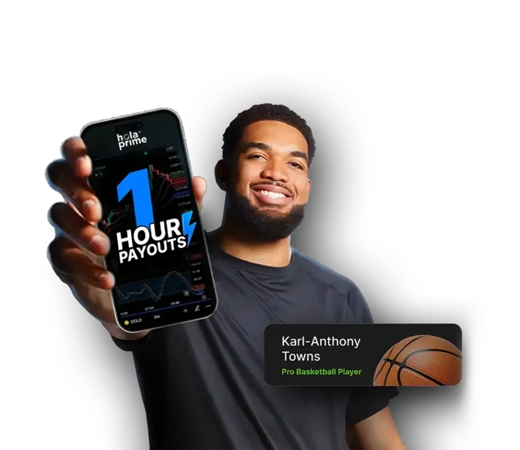 Karl-Anthony Towns holds phone showing Hola Prime trading app with 1-hour payouts for funded traders and prop trading firm payouts.