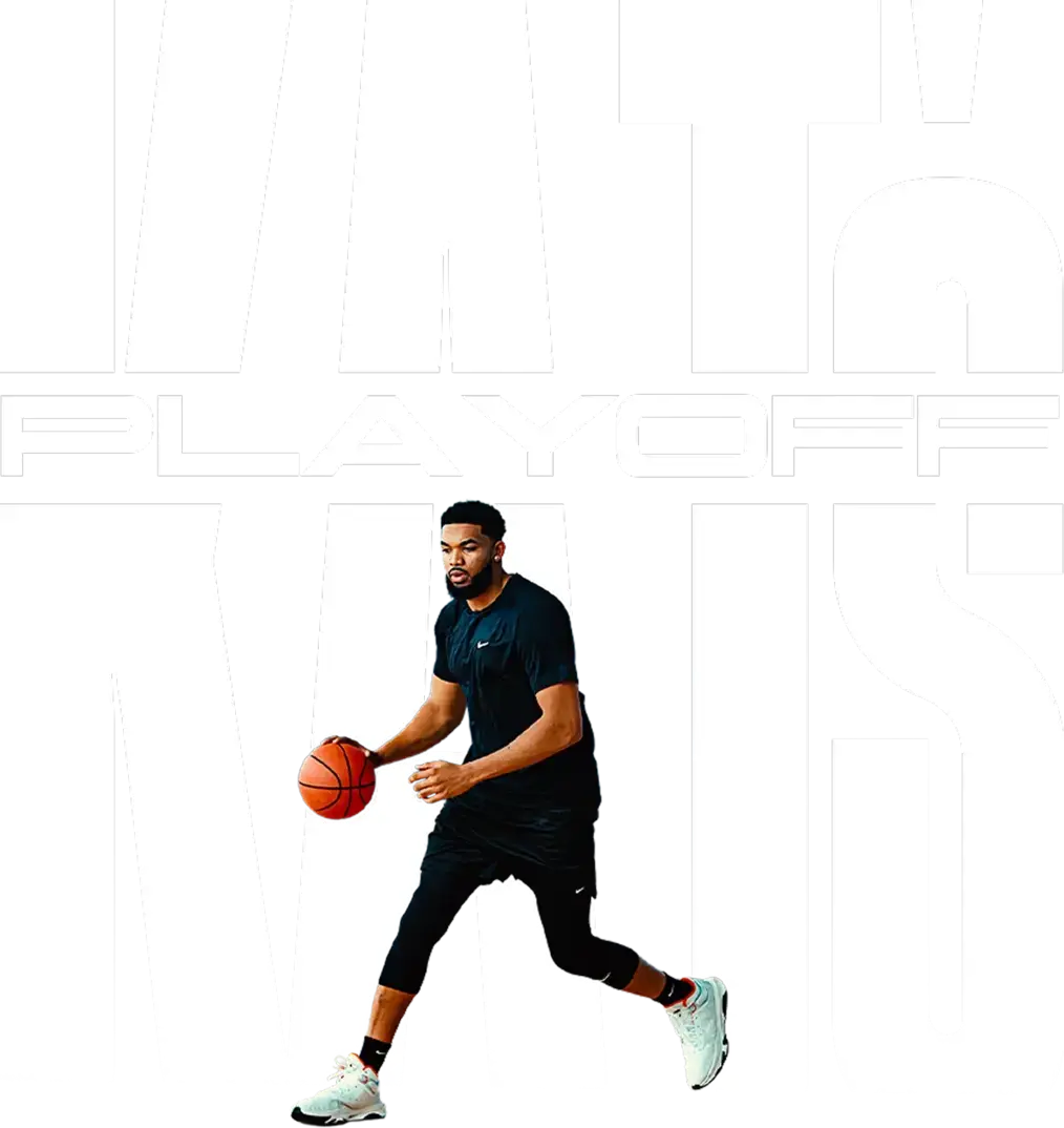 Basketball player dribbling in front of bold text reading Kat's Playoff.