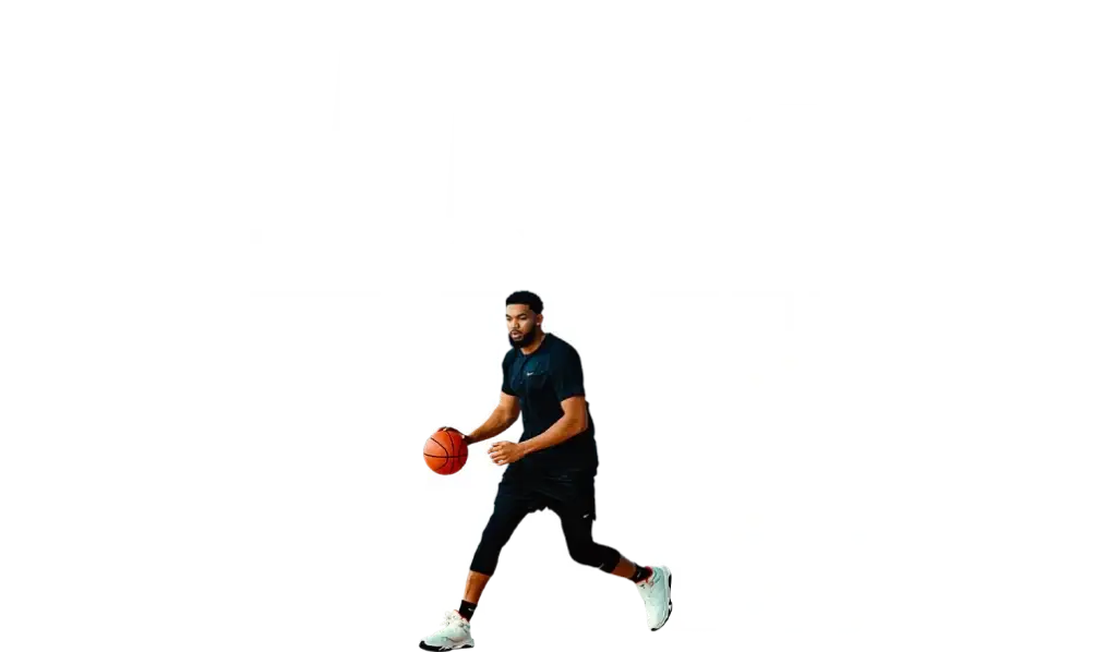 Basketball player dribbling in front of bold text reading Kat's Playoff-1.