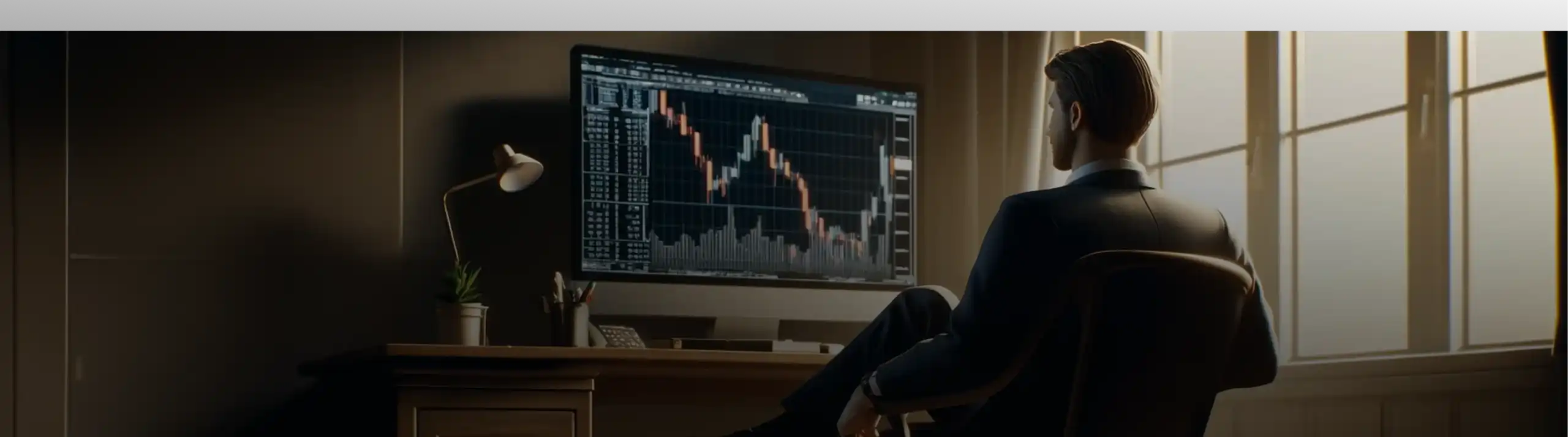 A man in a suit analyzes a falling stock chart on a large monitor in a dimly lit office