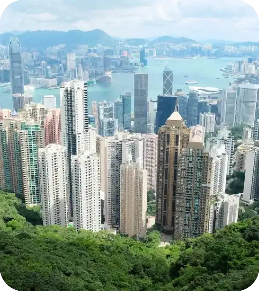 Tall buildings and skyscrapers seen from a green hilltop with water and more city buildings in the background.