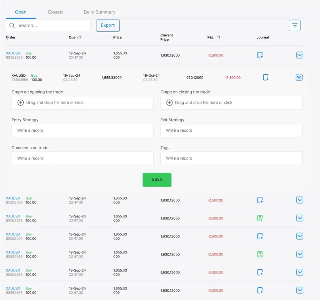 Trading dashboard with profit graphs, win/loss ratios, and key statistics.