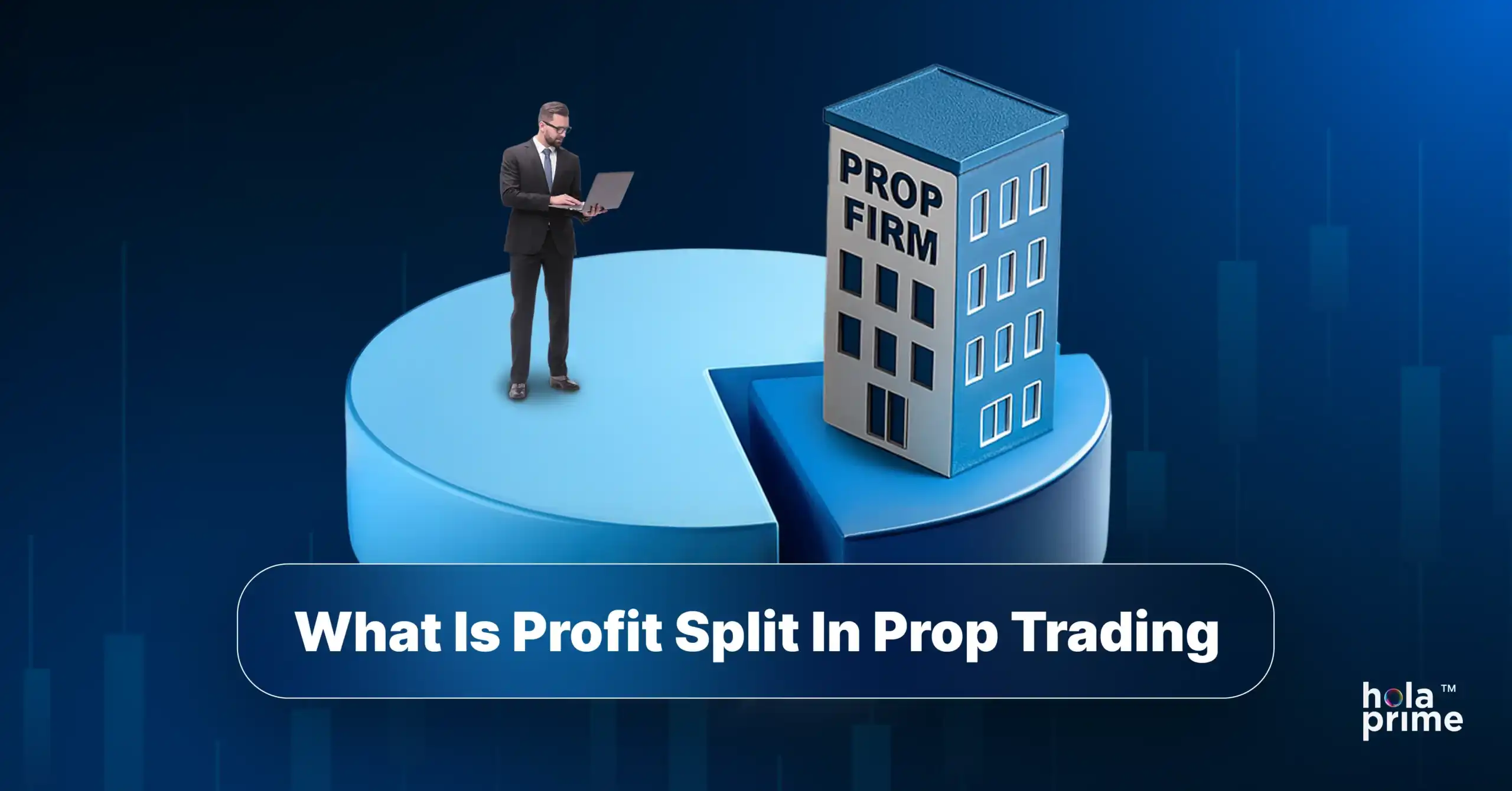 Infographic with text “What Is Profit Split in Prop Trading” featuring a trader with a laptop standing on a large blue pie chart. A segment of the pie is cut out and occupied by a building labeled “PROP FIRM.” The background is a dark blue gradient with faint candlestick chart patterns, and the Hola Prime logo is placed in the bottom right corner